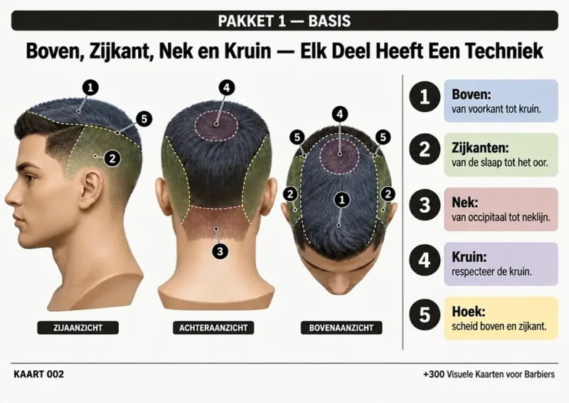 Visuele kaart 002, Bovenkant, Zijkanten, Nek en Kruin: Elke Zone Heeft Zijn Techniek